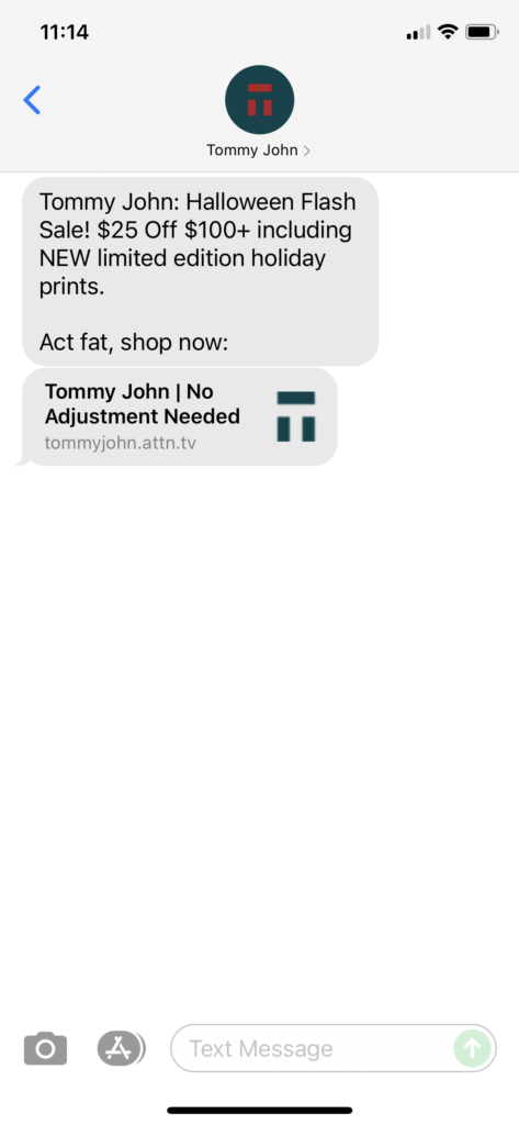 Tommy John Text Message Marketing Example - 10.30.2021