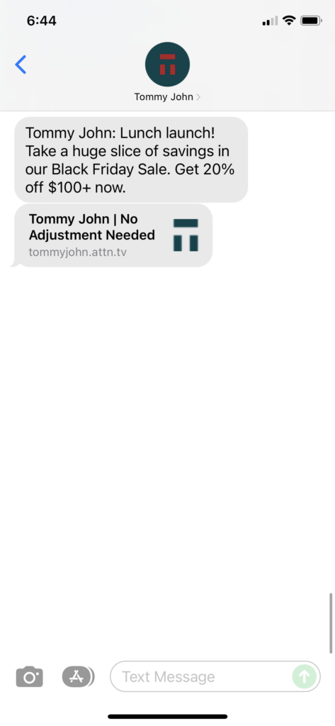 Tommy John Text Message Marketing Example - 11.22.2021