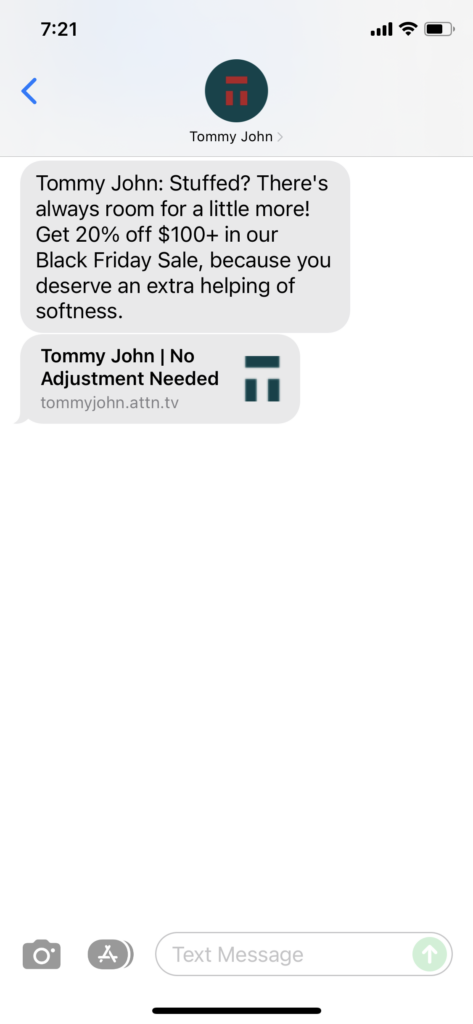 Tommy John Text Message Marketing Example - 11.25.2021