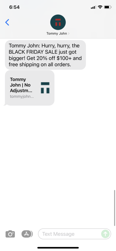 Tommy John Text Message Marketing Example - 11.26.2021