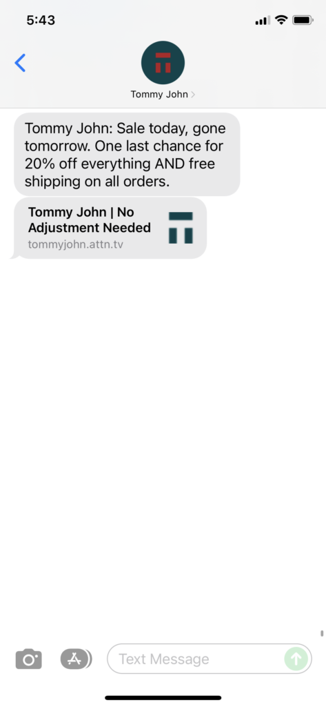 Tommy John Text Message Marketing Example - 11.28.2021
