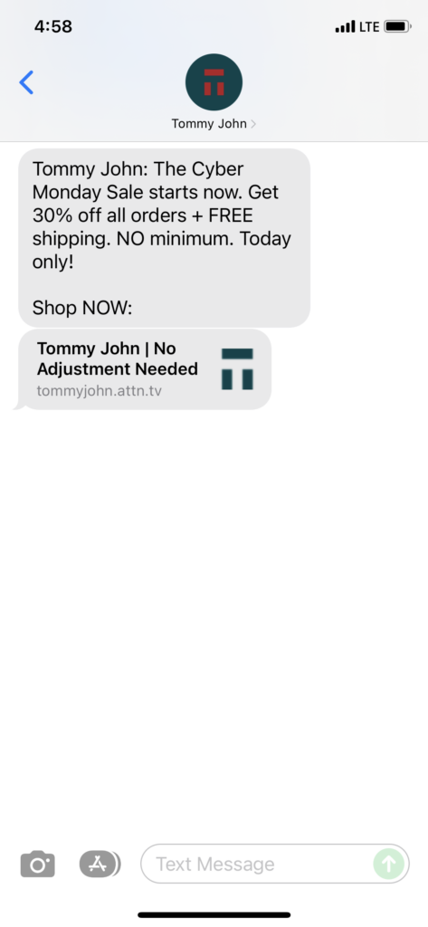 Tommy John Text Message Marketing Example - 11.29.2021