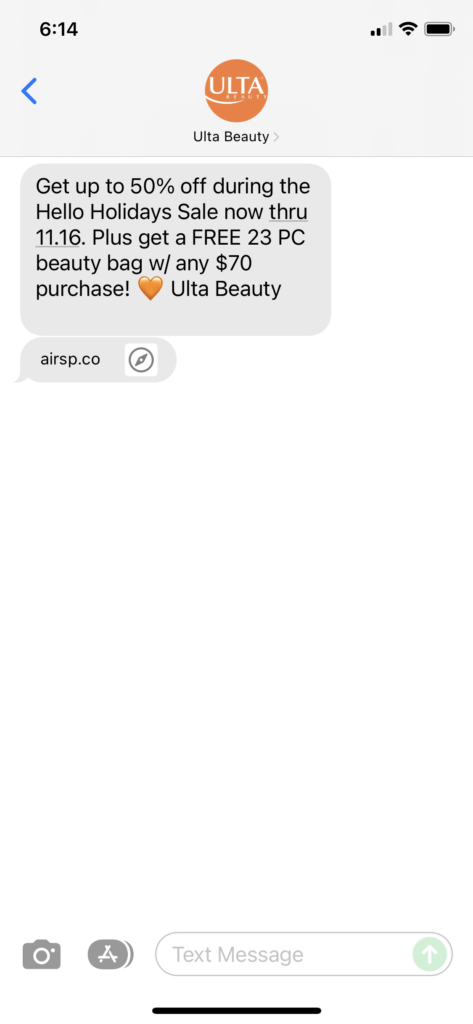 Ulta Beauty Text Message Marketing Example - 11.14.2021