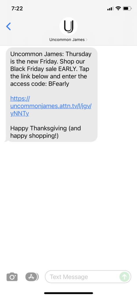 Uncommon James Text Message Marketing Example - 11.25.2021