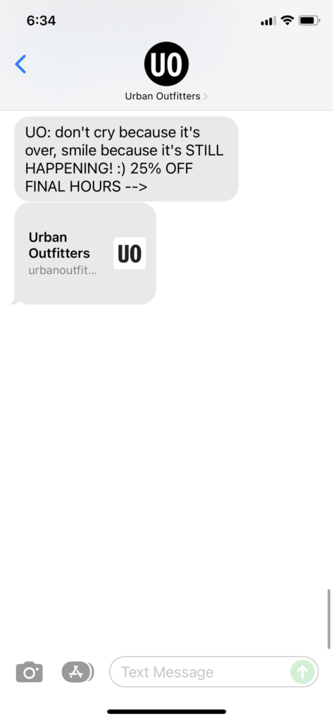 Urban Outfitters 1 Text Message Marketing Example - 11.26.2021