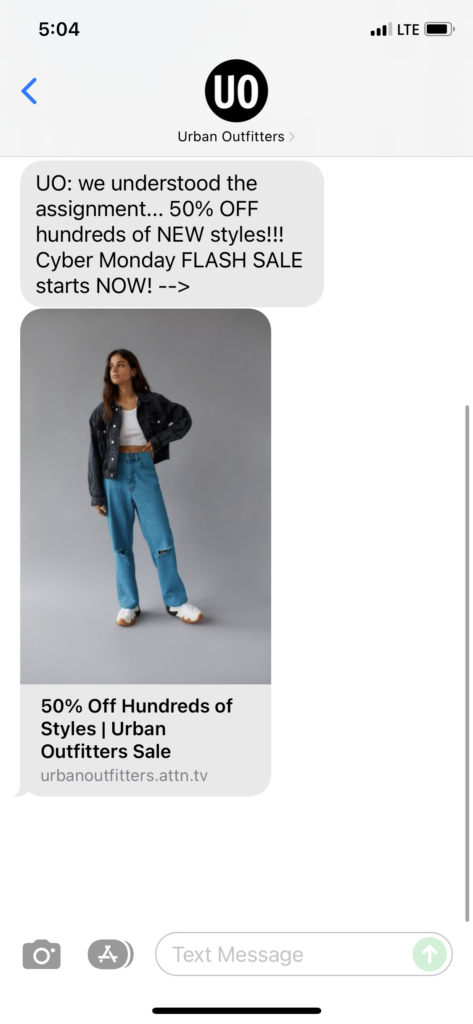 Urban Outfitters 1 Text Message Marketing Example - 11.29.2021