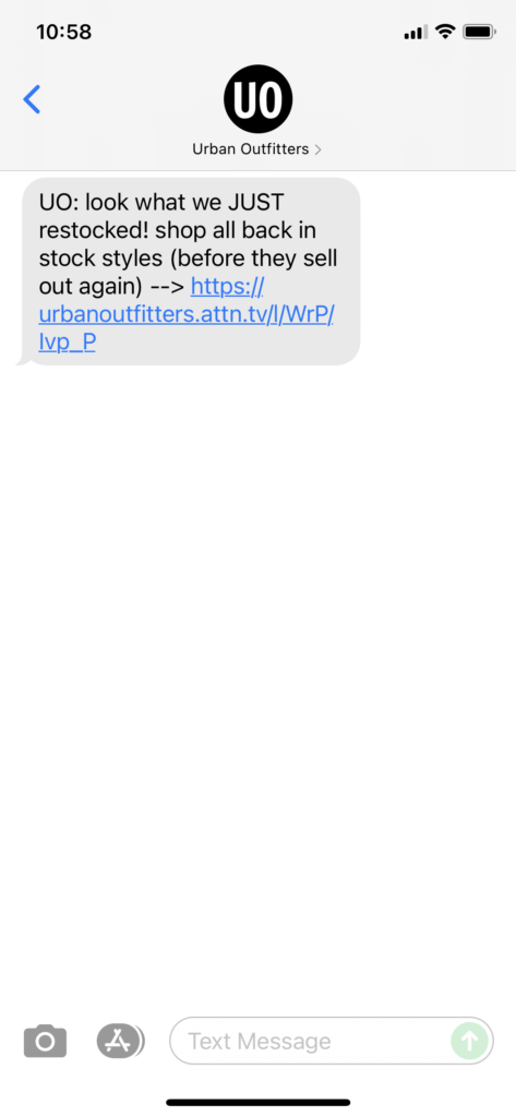 Urban Outfitters Text Message Marketing Example - 11.07.2021