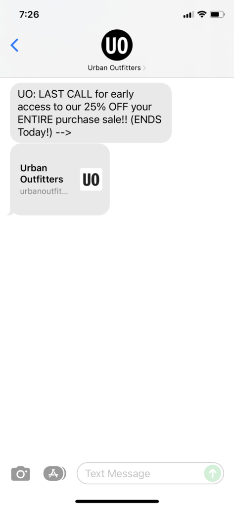 Urban Outfitters Text Message Marketing Example - 11.25.2021