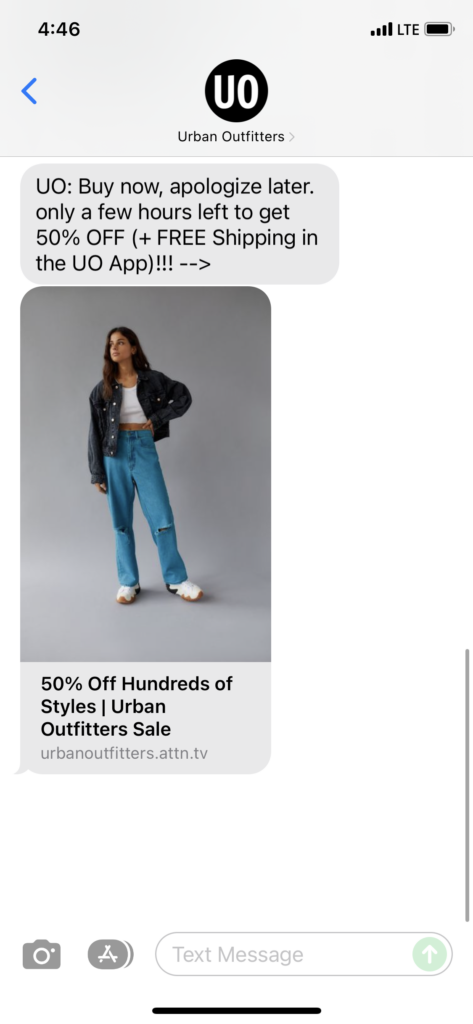 Urban Outfitters Text Message Marketing Example - 11.29.2021