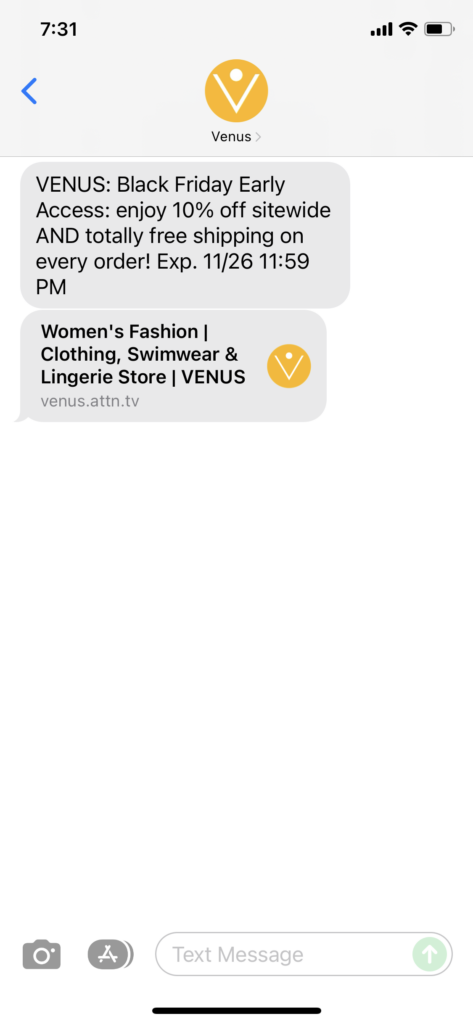 Venus Text Message Marketing Example - 11.25.2021