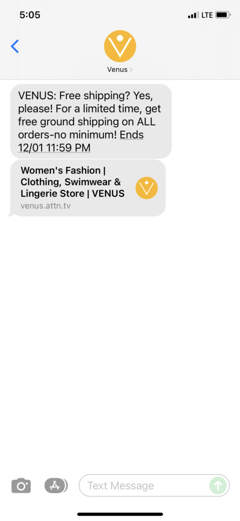Venus Text Message Marketing Example - 11.29.2021