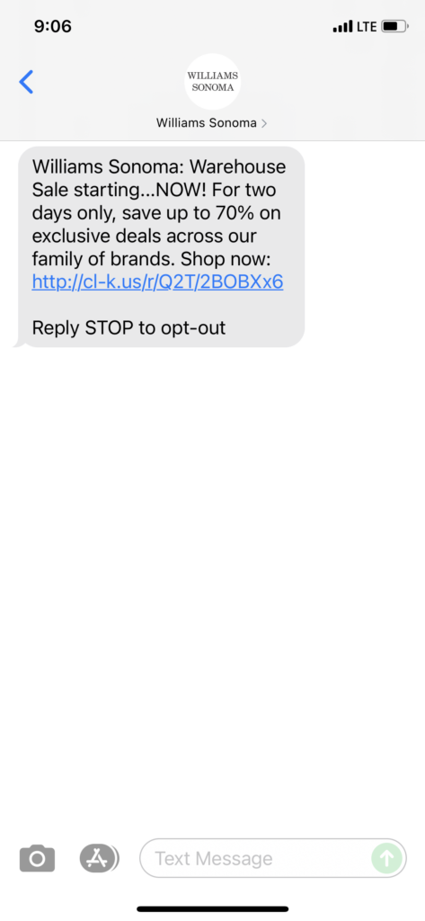 Williams Sonoma Text Message Marketing Example - 11.04.2021