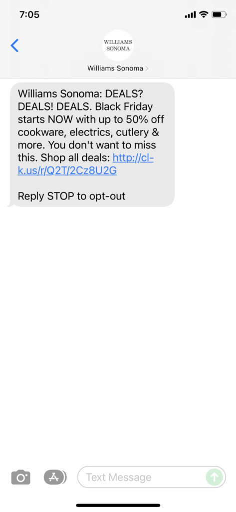 Williams Sonoma Text Message Marketing Example - 11.26.2021