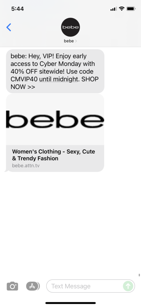 bebe Text Message Marketing Example - 11.28.2021