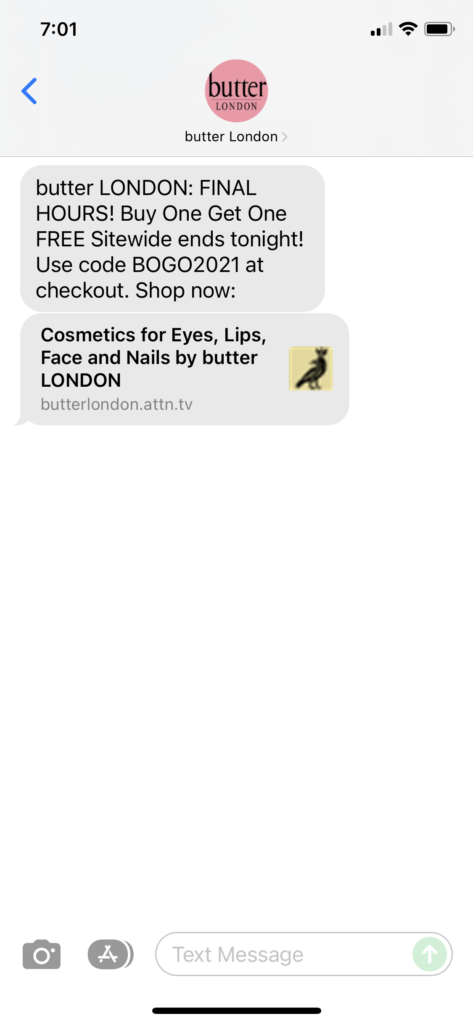 butter London Text Message Marketing Example - 11.21.2021