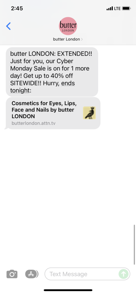 butter London Text Message Marketing Example - 11.30.2021