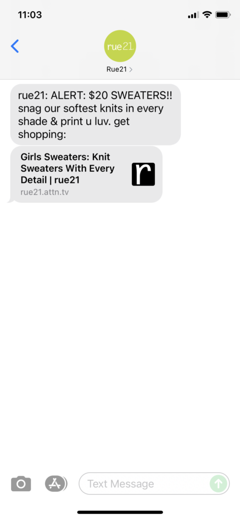 rue21 Text Message Marketing Example - 11.08.2021