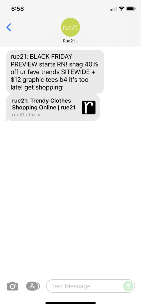 rue21 Text Message Marketing Example - 11.21.2021