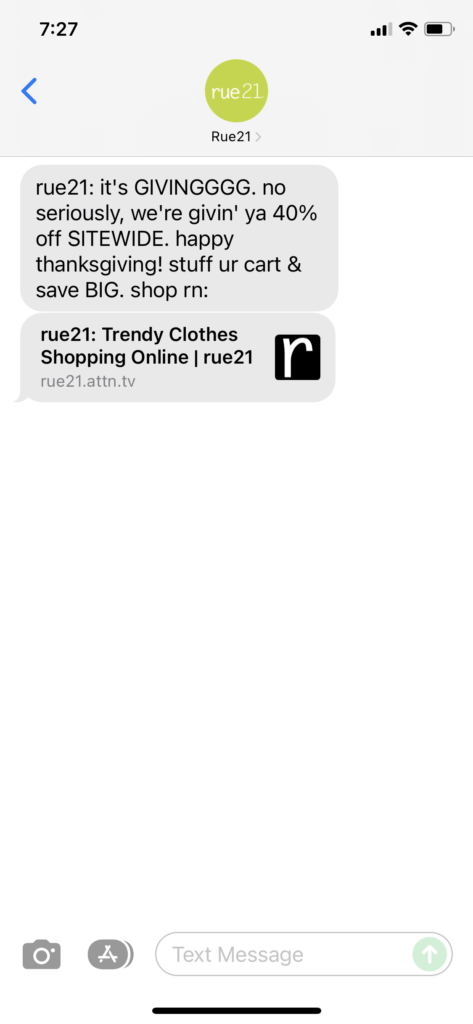 rue21 Text Message Marketing Example - 11.25.2021