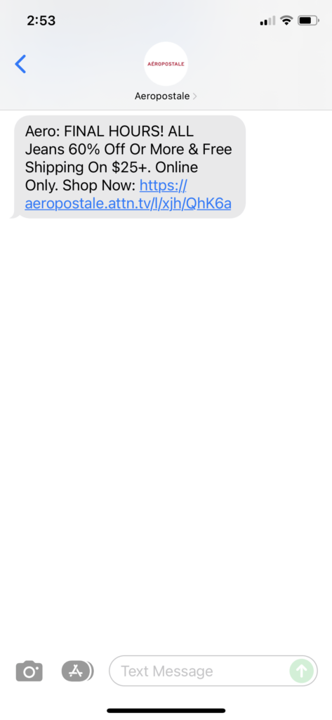 Aeropostale Text Message Marketing Example - 12.01.2021