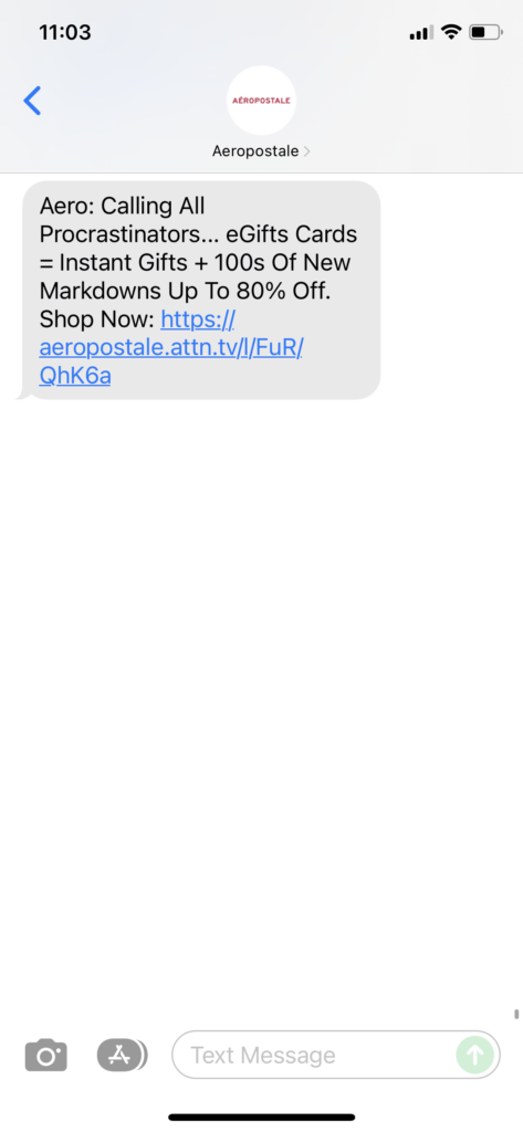 Aeropostale Text Message Marketing Example - 12.24.2021