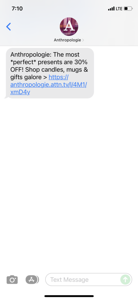 Anthropologie Text Message Marketing Example - 12.01.2021