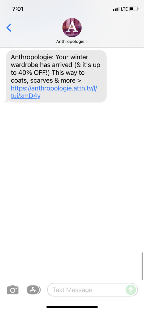 Anthropologie Text Message Marketing Example - 12.02.2021