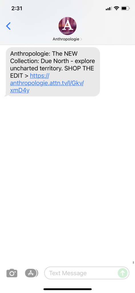 Anthropologie Text Message Marketing Example - 12.06.2021