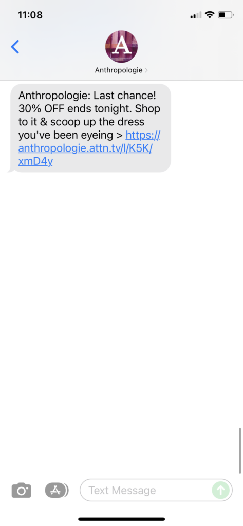 Anthropologie Text Message Marketing Example - 12.23.2021