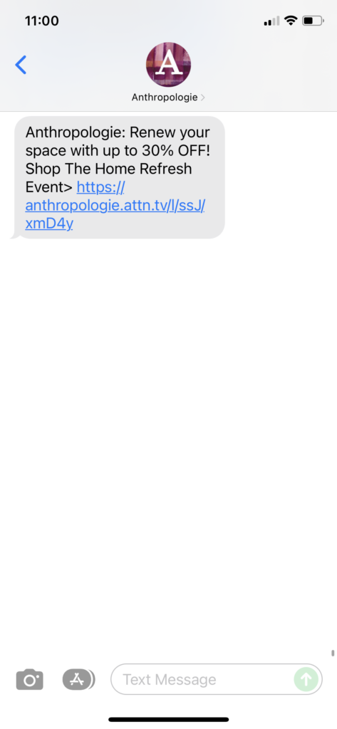Anthropologie Text Message Marketing Example - 12.24.2021