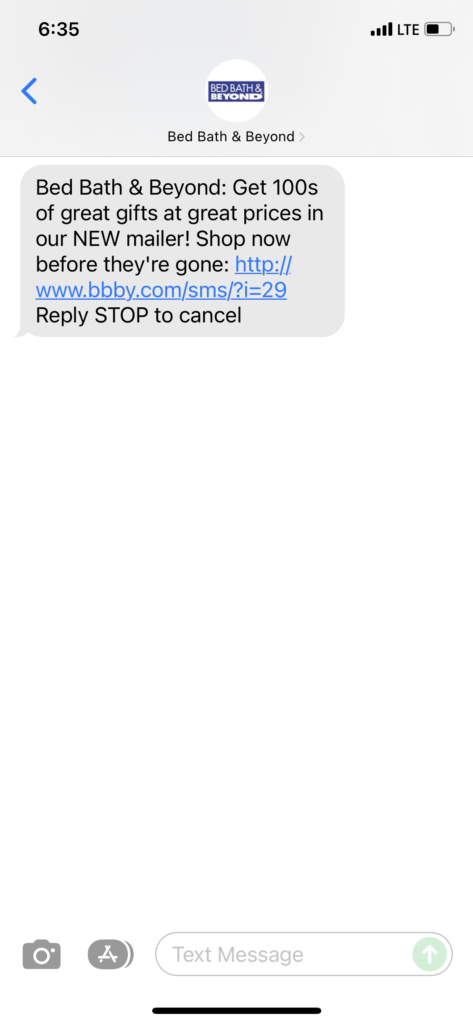 Bed Bath & Beyond Text Message Marketing Example - 12.04.2021