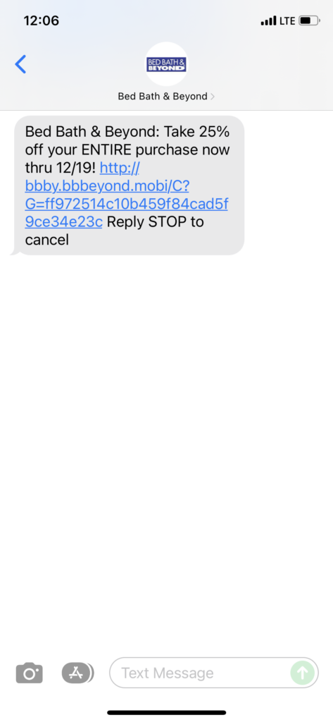 Bed Bath & Beyond Text Message Marketing Example - 12.17.2021
