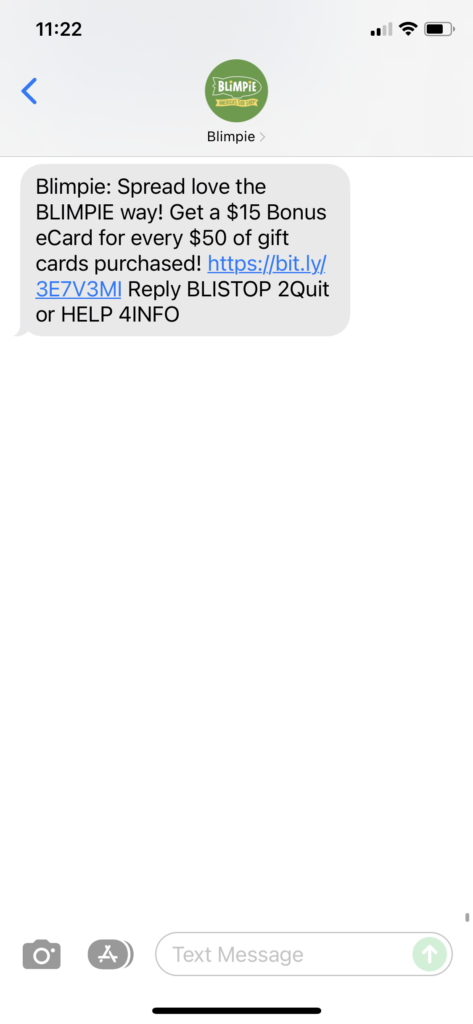 Blimpie Text Message Marketing Example - 12.20.2021