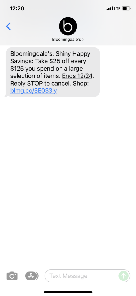 Bloomingdale's Text Message Marketing Example - 12.16.2021