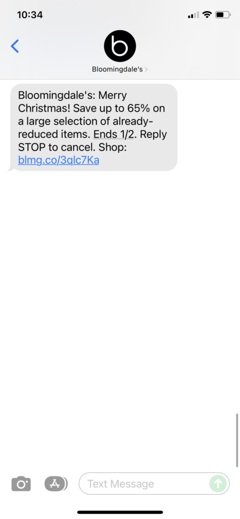 Bloomingdale's Text Message Marketing Example - 12.26.2021