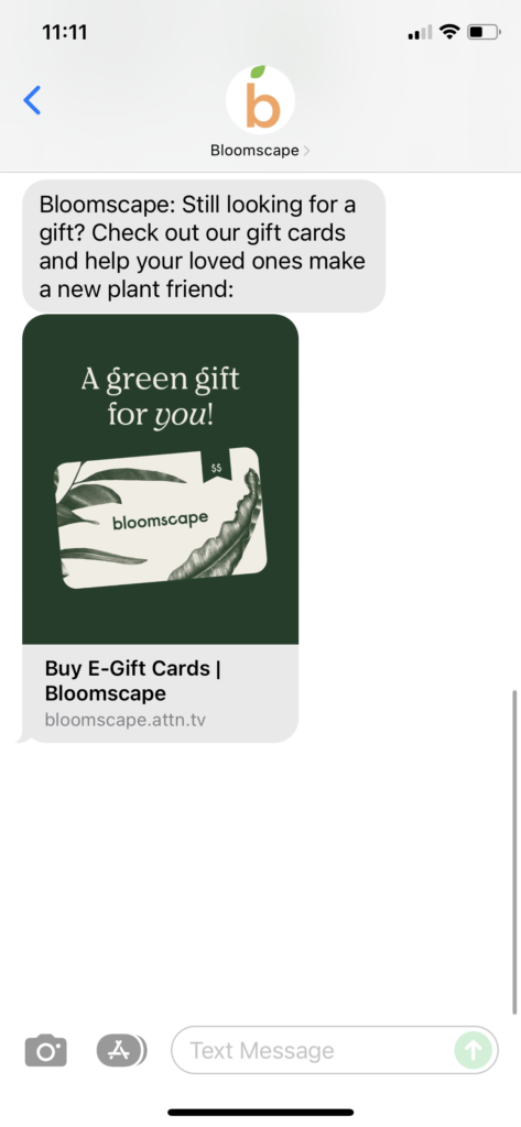 Bloomscape Text Message Marketing Example - 12.23.2021