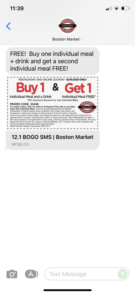 Boston Market Text Message Marketing Example - 12.01.2021
