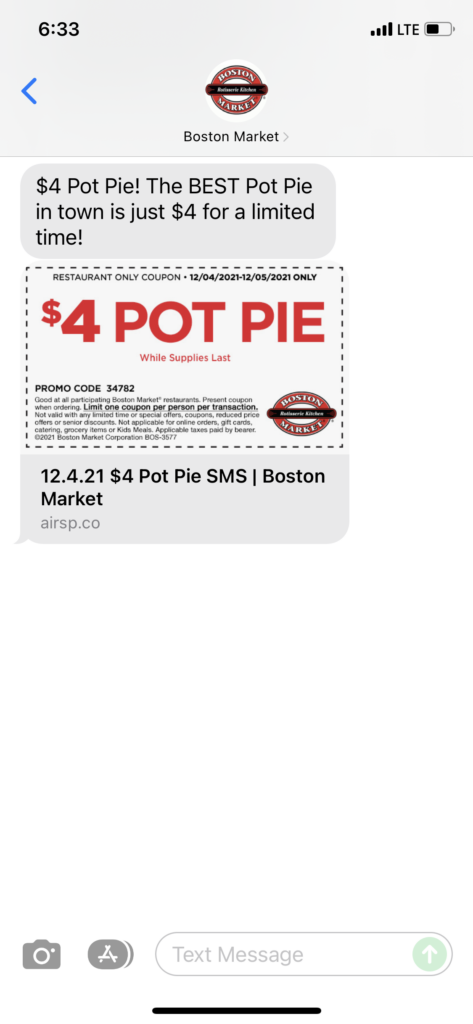 Boston Market Text Message Marketing Example - 12.04.2021