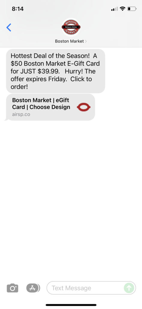 Boston Market Text Message Marketing Example - 12.08.2021