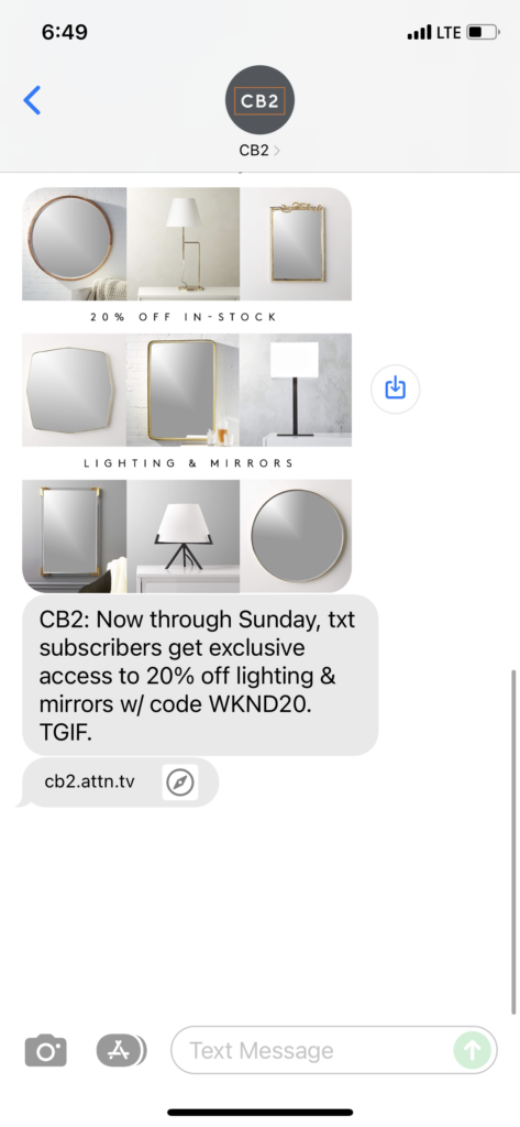CB2 Text Message Marketing Example - 12.03.2021