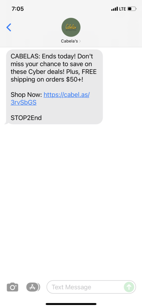Cabelas Text Message Marketing Example - 12.02.2021
