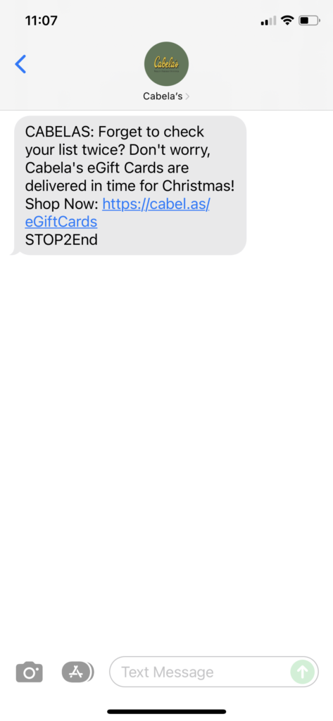 Cabelas Text Message Marketing Example - 12.23.2021