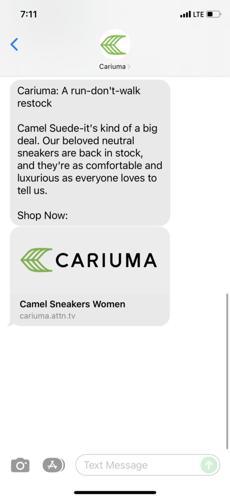 Cariuma Text Message Marketing Example - 12.01.2021