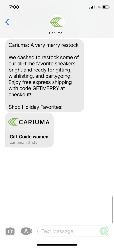 Cariuma Text Message Marketing Example - 12.02.2021