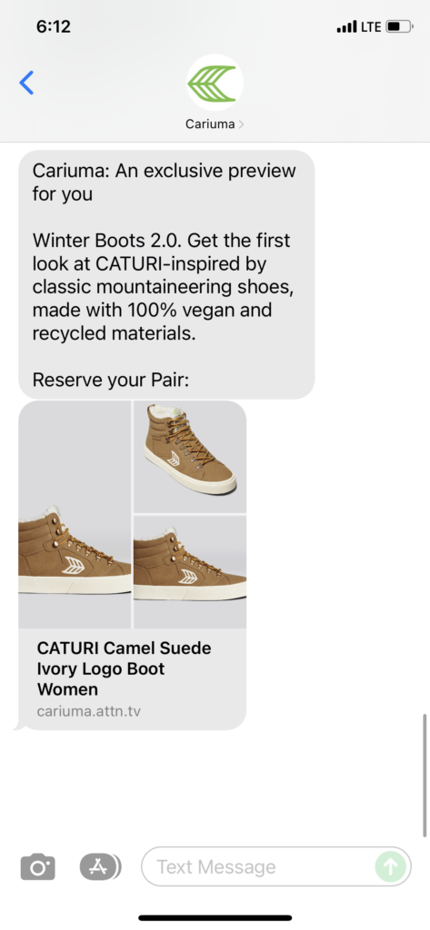 Cariuma Text Message Marketing Example - 12.05.2021