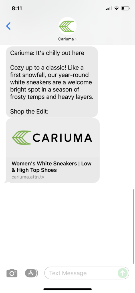 Cariuma Text Message Marketing Example - 12.08.2021
