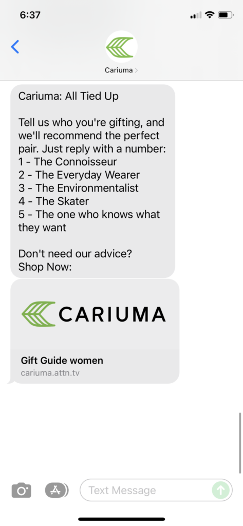 Cariuma Text Message Marketing Example - 12.12.2021