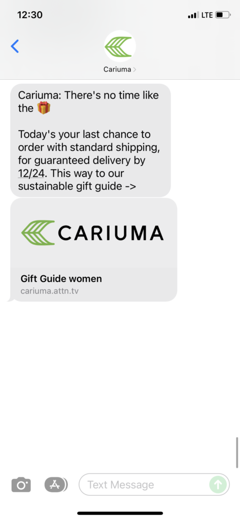 Cariuma Text Message Marketing Example - 12.15.2021