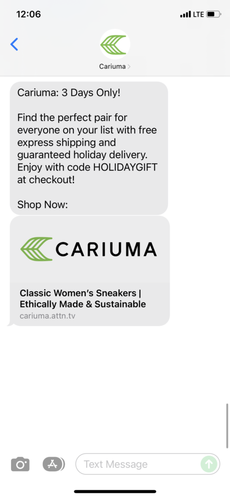 Cariuma Text Message Marketing Example - 12.17.2021