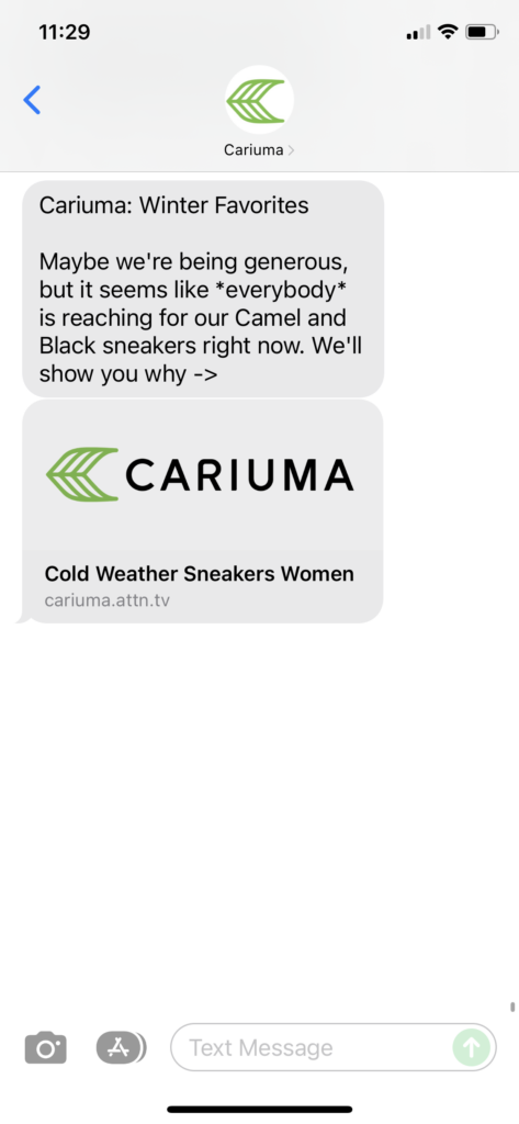 Cariuma Text Message Marketing Example - 12.19.2021